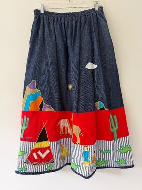 Vintage Southern Image Southwest Western Applique Denim Midi Skirt Artsy Novelty